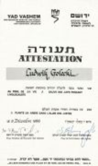 Dokument z Yad Vashem dla Ludwika Goleckiego z 9 grudnia 1986 roku