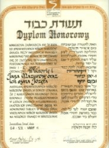 The diploma from the Yad Vashem Institute for Jan, Wiktoria and Józef Mazur