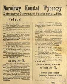 Odezwa Narodowego Komitetu Wyborczego Zjednoczonych Stowarzyszeń Polskich Miasta Lublina