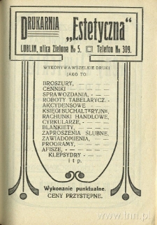 Reklama drukarni „Estetyczna” zamieszczona w "Przewodniku firm polskich w Lublinie na rok 1914"