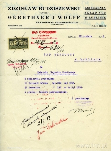 List: Zdzisław Budziszewski, Księgarnia i skład nut w Lublinie do Sądu Okręgowego