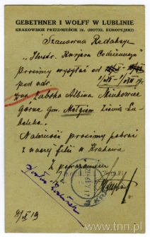 Karta korespondencyjna Gebethner i Wolff księgarnia i skład nut filia IV