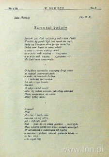 Strona czasopisma "W Słońce" z wierszem Julii Hartwig "Samotni ludzie"