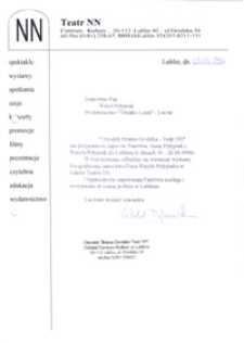 List - zaproszenie dla A. i W. Pyłypiuk&oacute;w na wystawę prac W. Pyłypiuka w Galerii TNN