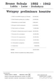 Bruno Schulz 1892-1942 : Lublin - Lw&oacute;w - Drohobycz : Wstępny preliminarz koszt&oacute;w