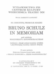 Zaproszenie na uroczystą promocję książki "Bruno Schulz in memoriam"