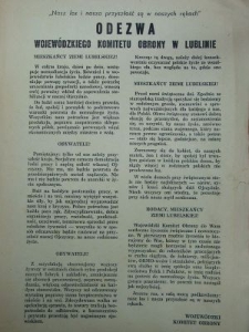 Odezwa Wojew&oacute;dzkiego Komitetu Obrony w Lublinie