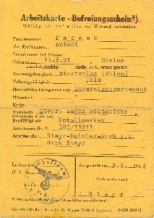 Arbeitskarte Antoniego Pączka