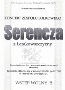 Koncert zespołu folkowego "Serencza" z Łemkowszczyzny : zaproszenie