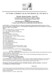 Zaproszenie na spotkanie z Andrzejem Wolskim w ramach cyklu Spotkanie z Dokumentem Filmowym, Afisz