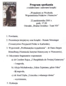 Program spotkania z redaktorami i autorami książki "Wypędzeni ze Wschodu Wspomnienia Polaków i Niemców"