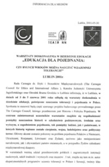 Warsztaty doskonalenia w dziedzinie edukacji "Edukacja dla pojednania: czy byłych wrog&oacute;w można nauczyć wzajemnej tolerancji?"