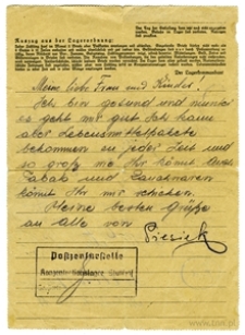 List Piotra Petza z obozu koncentracyjnego KL Stutthof (rewers)