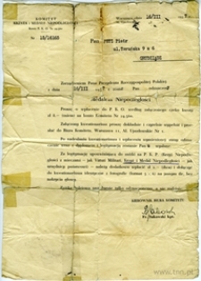 Pismo z Komitetu Krzyża i Medalu Niepodległości w Warszawie