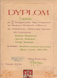 Dyplom za zajęcie II miejsca na V Og&oacute;lnopolskiej Sesji studenckich K&oacute;ł Naukowych Historyk&oacute;w w Roztoce