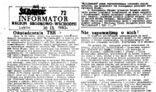 Informator. Region Środkowo-Wschodni &bdquo;Solidarność&rdquo;, Nr 72, 30.IX.1983