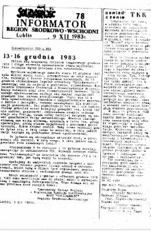 Informator. Region Środkowo-Wschodni „Solidarność”, Nr 78, 9.XII.1983