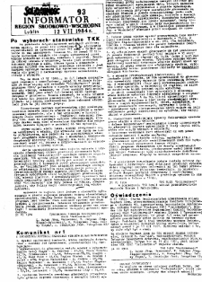 Informator. Region Środkowo-Wschodni &bdquo;Solidarność&rdquo;, Nr 93, 12.VII.1984