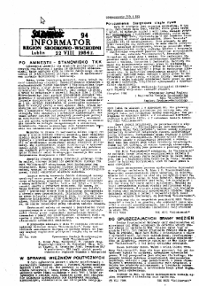 Informator. Region Środkowo-Wschodni &bdquo;Solidarność&rdquo;, Nr 94, 22.VIII.1984