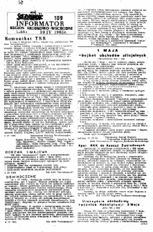 Informator. Region Środkowo-Wschodni &bdquo;Solidarność&rdquo;, Nr 109, 20.IV.1985