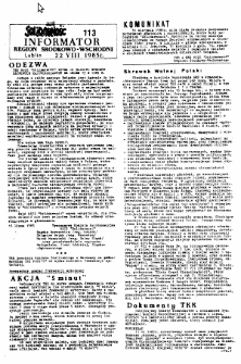 Informator. Region Środkowo-Wschodni &bdquo;Solidarność&rdquo;, Nr 113, 22.VIII.1985