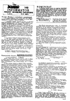 Informator. Region Środkowo-Wschodni &bdquo;Solidarność&rdquo;, Nr 140, 15.V.1987