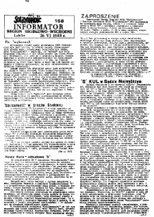 Informator. Region Środkowo-Wschodni &bdquo;Solidarność&rdquo;, Nr 158, 26.VI.1988
