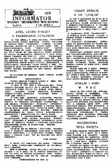 Informator. Region Środkowo-Wschodni &bdquo;Solidarność&rdquo;, Nr 166, 1.IX.1988