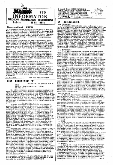Informator. Region Środkowo-Wschodni &bdquo;Solidarność&rdquo;, Nr 170, 15.XII.1988