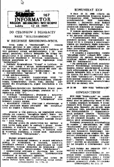 Informator. Region Środkowo-Wschodni &bdquo;Solidarność&rdquo;, Nr 167, 17.IX.1988