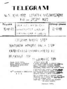 KUL-ier: zeszyt Niezależnego Zrzeszenia Student&oacute;w: dodatek nadzwyczajny: TELEGRAM nr 5 (10 VI 1981 r.)