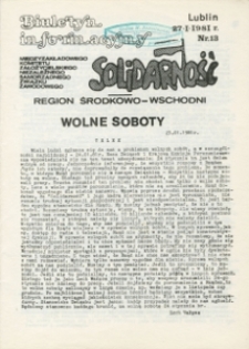 Biuletyn Informacyjny Międzyzakładowego Komitetu Założycielskiego NSZZ &bdquo;Solidarność&rdquo; Region Środkowo-Wschodni, Nr 13, 27. I.1981