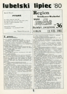 Biuletyn Związkowy NSZZ „Solidarność” Region Środkowo-Wschodni, Nr 36, 13. VII. 1981 r.