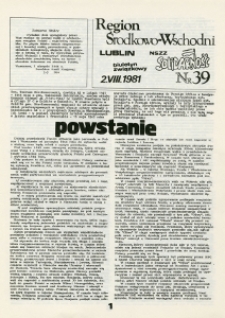 Biuletyn Związkowy NSZZ „Solidarność” Region Środkowo-Wschodni, Nr 39, 2.VIII.1981