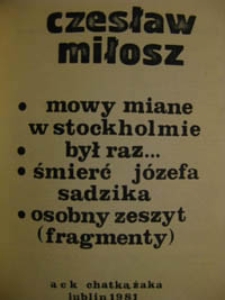 Okładka lubelskiego wydania tekstów Czesława Miłosza