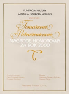Dyplom Nagrody Honorowej Kapituły Nagrody Wielkiej Fundacji Kultury za rok 2000 dla Tomasza Pietrasiewicza
