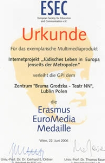 Urkunde f&uuml;r das exemplarische Multimediaprodukt Internet projekt "J&uuml;disches Leben in Europa jenseits der Metropolen"