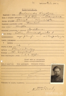 Formularz zawierający dane personalne Krystyny Modrzewskiej z dnia 26 marca 1947 r.