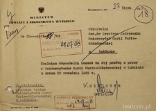Pismo ministra W.Drapicha informujące o zwolnieniu Krystyny Modrzewskiej z pracy na Uniwersytecie Marii Curie-Skłodowskiej