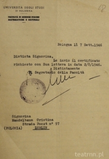 Pismo Uniwersytetu Bolońskiego informujące o przesłaniu zaświadczenia dla Krystyny Modrzewskiej