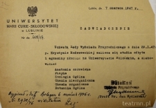 Zaświadczenie wystawione przez Uniwersytet Marii Curie-Skłodowskiej o zaliczeniu Krystynie Modrzewskiej studi&oacute;w i egzamin&oacute;w złożonych na Uniwersytecie Bolońskim