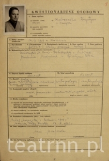 Kwestionariusz osobowy Krystyny Modrzewskiej złożony 1 grudnia 1965 roku