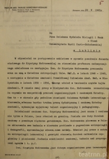 Opinia prof. T.Dzierżykraya-Rogalskiego w sprawie nadania Krystynie Modrzewskiej tytułu profesora nadzwyczajnego