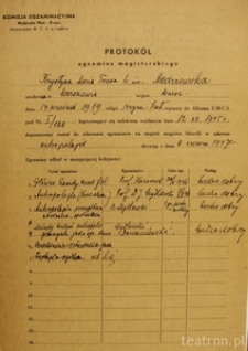 Protokół egzaminu magisterskiego Krystyny Modrzewskiej