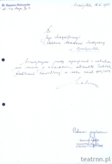 Podanie Krystyny Modrzewskiej do rektora Akademii Medycznej w Białymstoku o przyjęcie w charakterze adiunkta do Zakładu Anatomii Prawidłowej Człowieka na rok akademicki 1951/52.