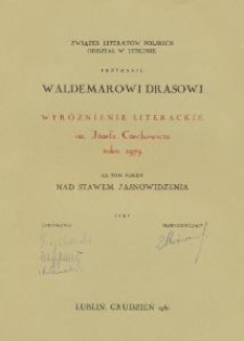 Wyróżnienie literackie od ZLP dla Waldemara Drasa za tom poezji "Nad stawem jasnowidzenia"