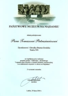 Dyplom Państwowego Muzeum na Majdanku dla Tomasza Pietrasiewicza
