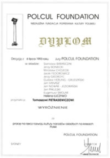 Dyplom Polcul Foundation dla Tomasza Pietrasiewicza