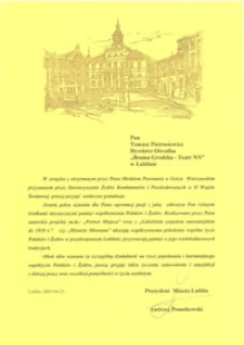 List gratulacyjny Prezydenta Miasta Lublina Andrzeja Pruszkowskiego do Tomasza Pietrasiewicza