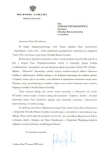 List gratulacyjny Wojewody Lubelskiego Andrzeja Kurowskiego do Tomasza Pietrasiewicza